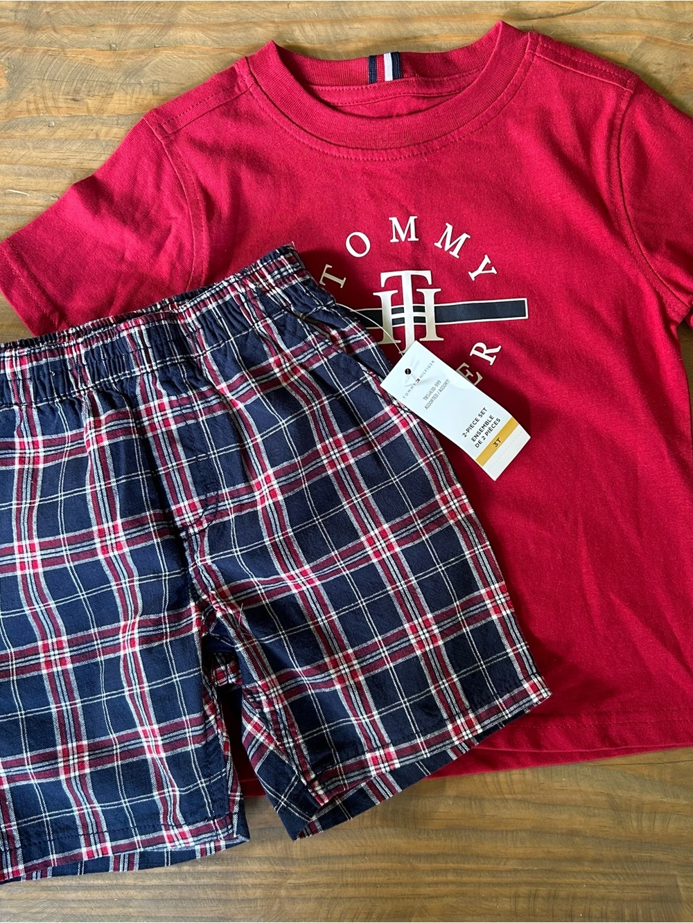Tommy Hilfiger Red Logo Tee with Navy & Red Plaid Shorts Set